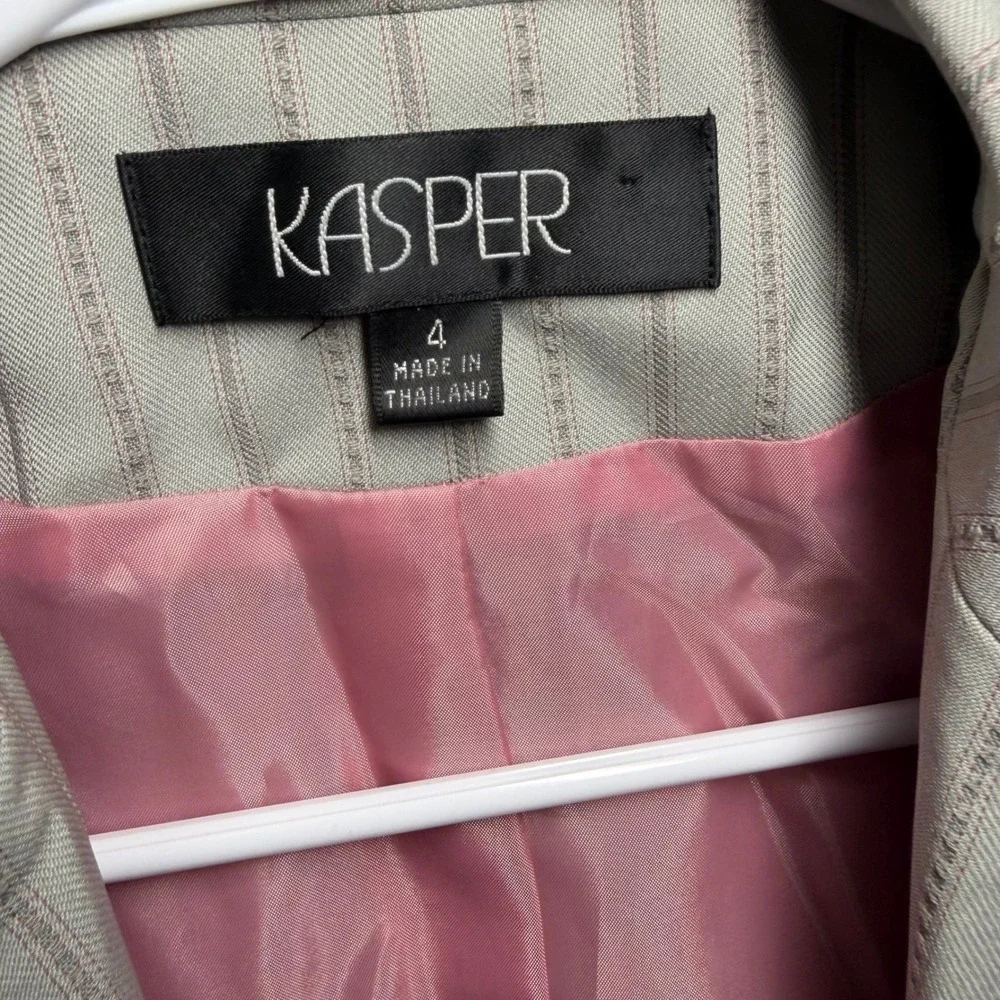 Kasper Skirt Suit 4 Gray Pink Pinstripe‎ Ribbon Trim Blazer and Skirt Set
